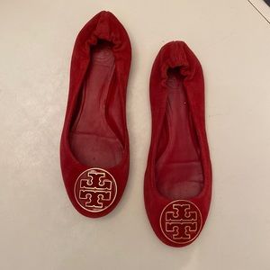 Tory Burch red faux suede red and gold  TT emblem. Size 9. Great condition